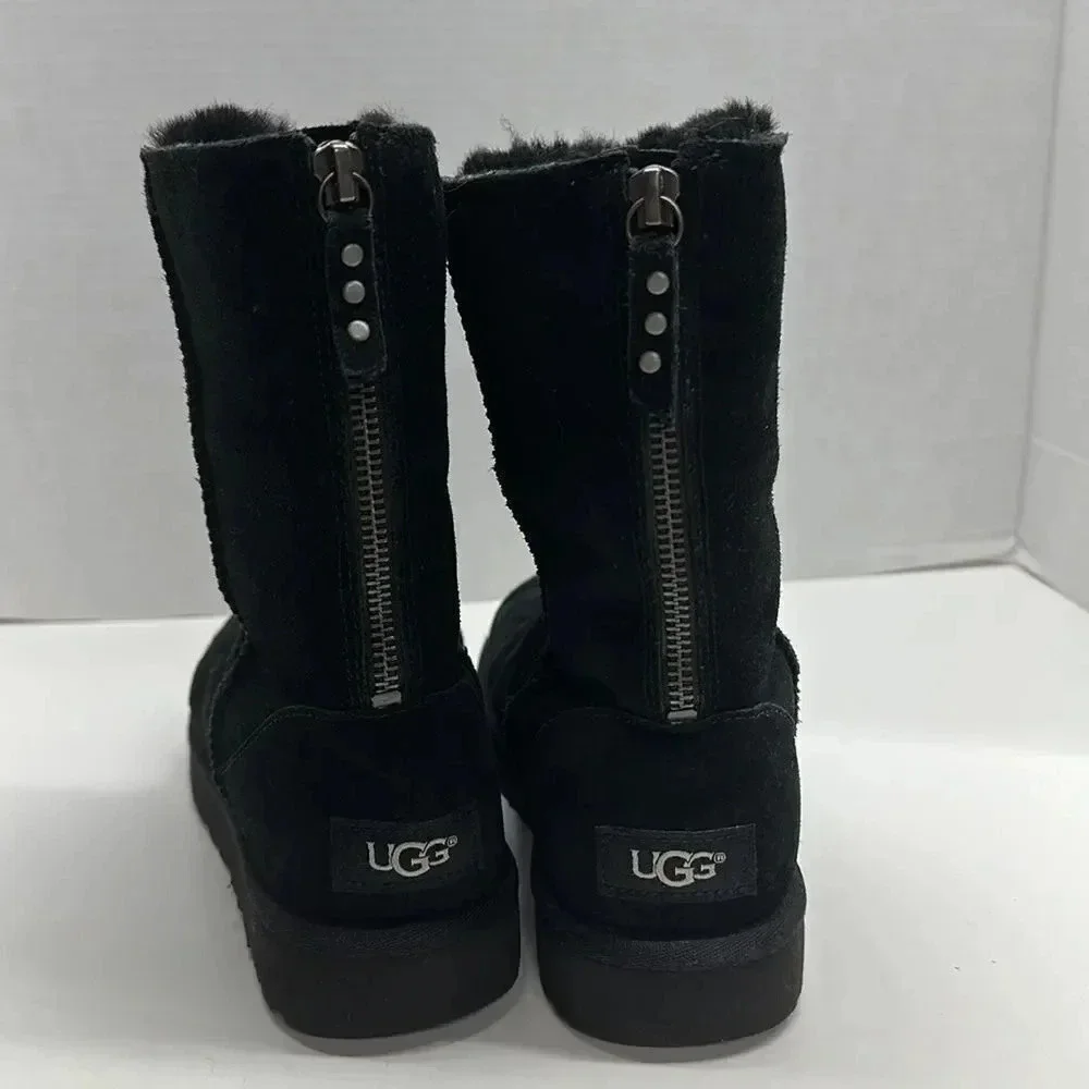 Ugg Boots Classic Short Zip Up Back Suede Shearling Lined Winter Boot Black 6